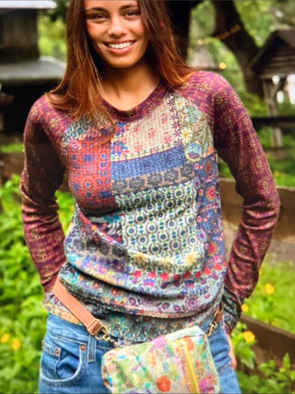 NATURAL LIFE Multicolor Patchwork Raglan Long Sleeve Top